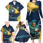 Personalised Gold Coast Titans Rugby Family Matching Long Sleeve Bodycon Dress and Hawaiian Shirt Titans Mascot - Sporty Splash Art Style