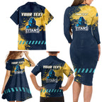 Personalised Gold Coast Titans Rugby Family Matching Long Sleeve Bodycon Dress and Hawaiian Shirt Titans Mascot - Sporty Splash Art Style