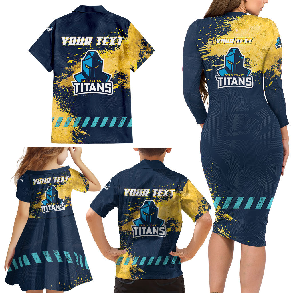 Personalised Gold Coast Titans Rugby Family Matching Long Sleeve Bodycon Dress and Hawaiian Shirt Titans Mascot - Sporty Splash Art Style
