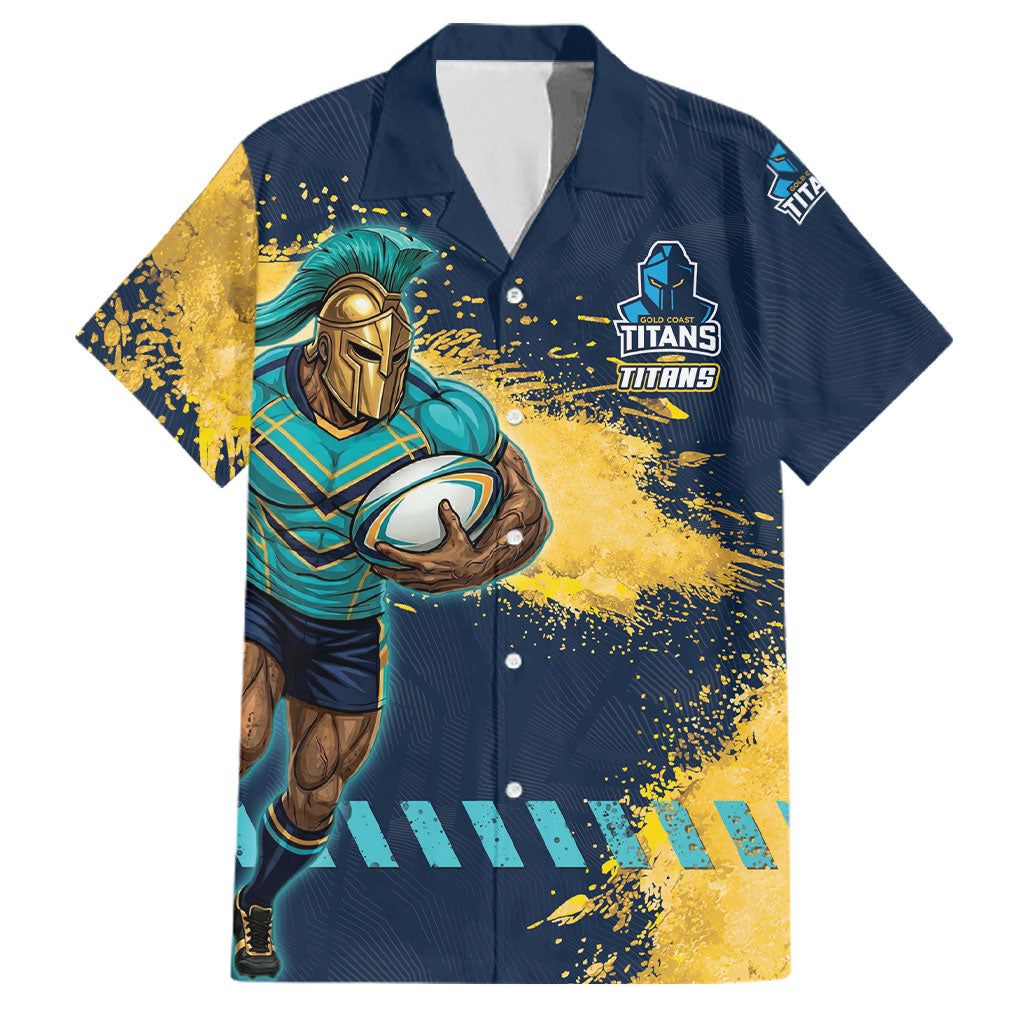 Personalised Gold Coast Titans Rugby Family Matching Long Sleeve Bodycon Dress and Hawaiian Shirt Titans Mascot - Sporty Splash Art Style