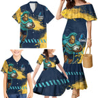 Personalised Gold Coast Titans Rugby Family Matching Mermaid Dress and Hawaiian Shirt Titans Mascot - Sporty Splash Art Style