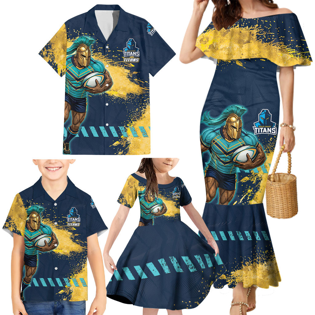 Personalised Gold Coast Titans Rugby Family Matching Mermaid Dress and Hawaiian Shirt Titans Mascot - Sporty Splash Art Style