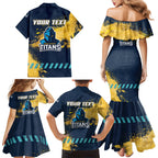 Personalised Gold Coast Titans Rugby Family Matching Mermaid Dress and Hawaiian Shirt Titans Mascot - Sporty Splash Art Style