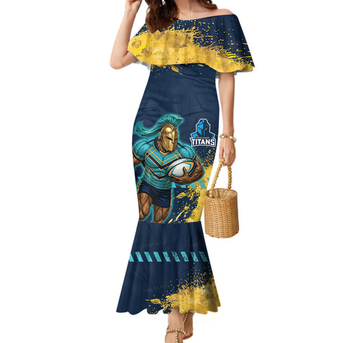 Personalised Gold Coast Titans Rugby Family Matching Mermaid Dress and Hawaiian Shirt Titans Mascot - Sporty Splash Art Style