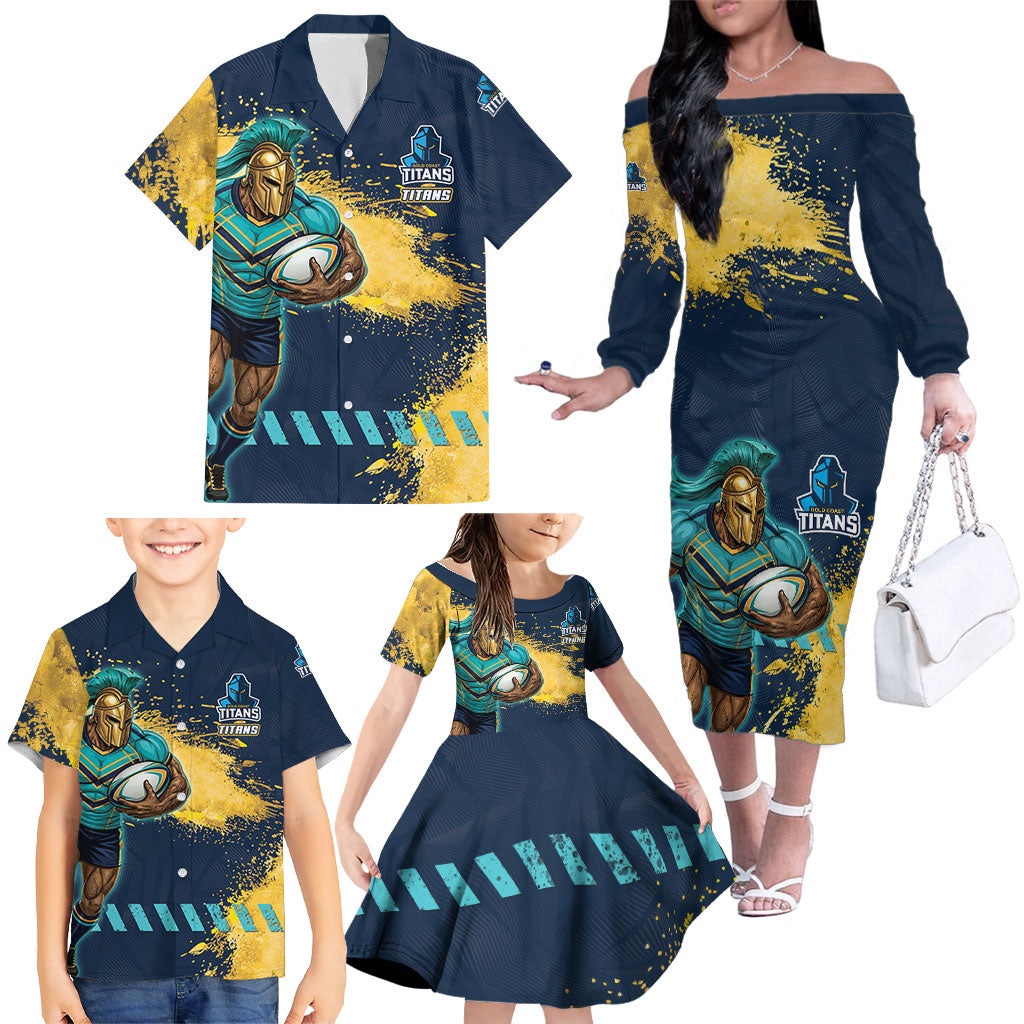 Personalised Gold Coast Titans Rugby Family Matching Off The Shoulder Long Sleeve Dress and Hawaiian Shirt Titans Mascot - Sporty Splash Art Style