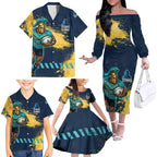 Personalised Gold Coast Titans Rugby Family Matching Off The Shoulder Long Sleeve Dress and Hawaiian Shirt Titans Mascot - Sporty Splash Art Style