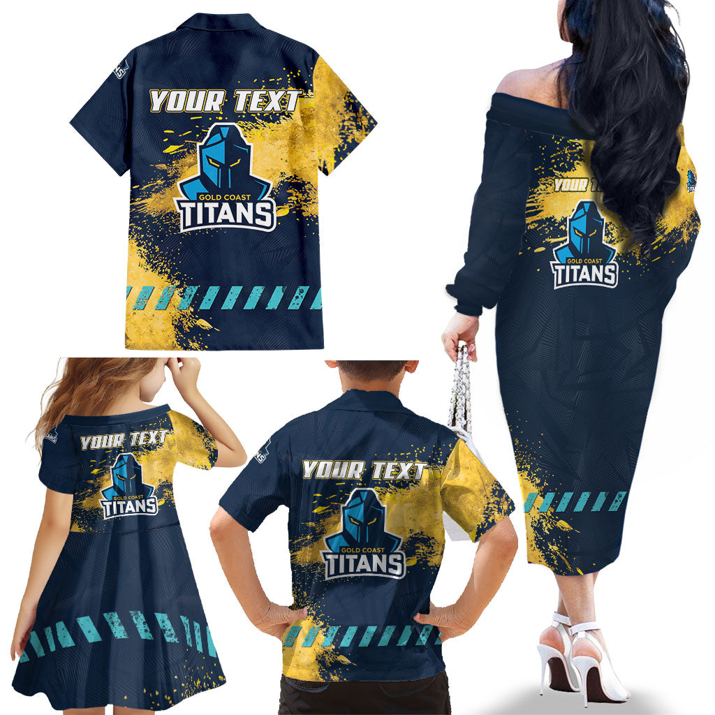 Personalised Gold Coast Titans Rugby Family Matching Off The Shoulder Long Sleeve Dress and Hawaiian Shirt Titans Mascot - Sporty Splash Art Style