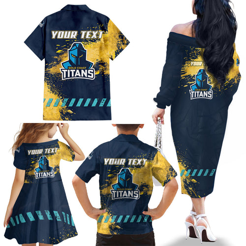Personalised Gold Coast Titans Rugby Family Matching Off The Shoulder Long Sleeve Dress and Hawaiian Shirt Titans Mascot - Sporty Splash Art Style