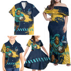 Personalised Gold Coast Titans Rugby Family Matching Off Shoulder Maxi Dress and Hawaiian Shirt Titans Mascot - Sporty Splash Art Style