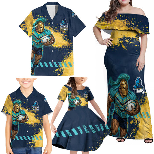 Personalised Gold Coast Titans Rugby Family Matching Off Shoulder Maxi Dress and Hawaiian Shirt Titans Mascot - Sporty Splash Art Style