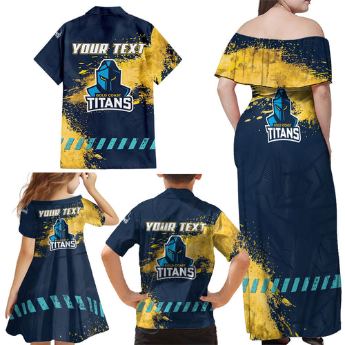 Personalised Gold Coast Titans Rugby Family Matching Off Shoulder Maxi Dress and Hawaiian Shirt Titans Mascot - Sporty Splash Art Style