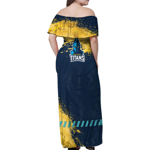 Personalised Gold Coast Titans Rugby Family Matching Off Shoulder Maxi Dress and Hawaiian Shirt Titans Mascot - Sporty Splash Art Style
