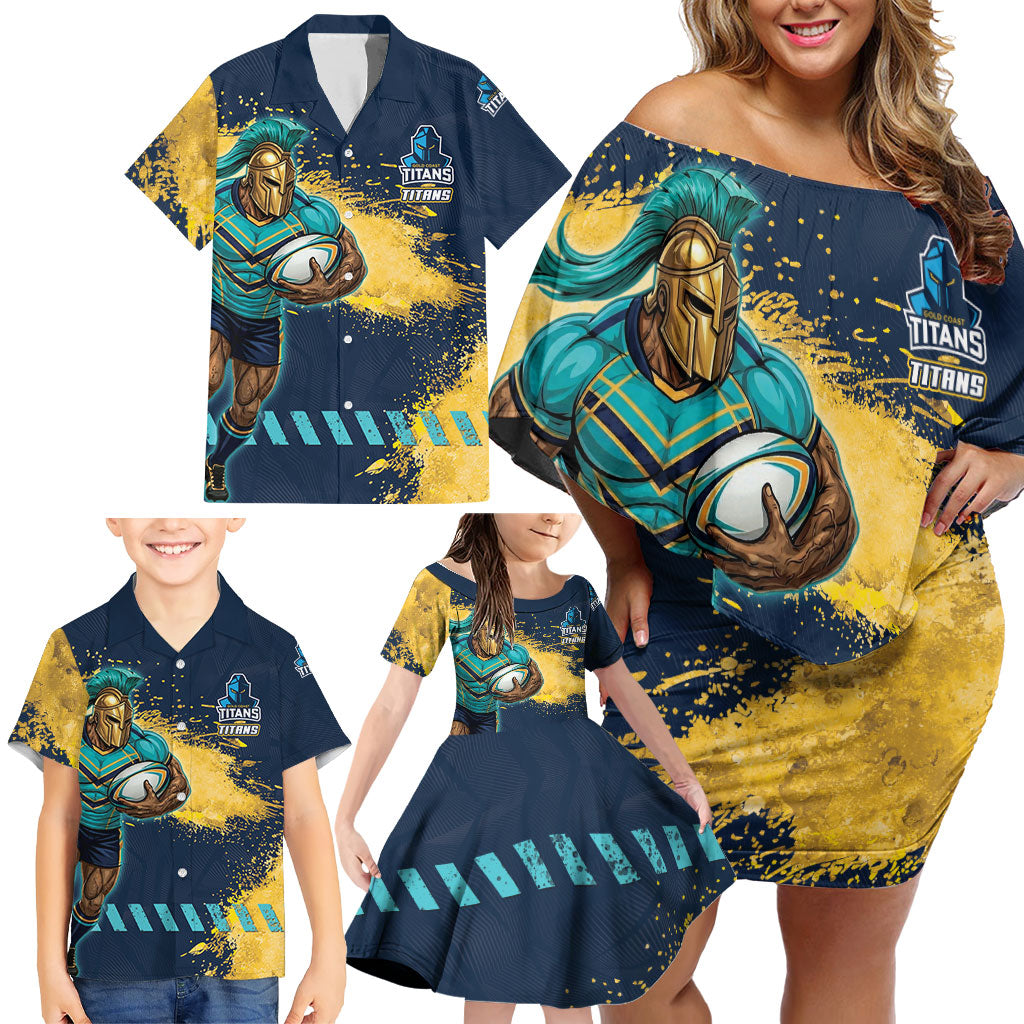 Personalised Gold Coast Titans Rugby Family Matching Off Shoulder Short Dress and Hawaiian Shirt Titans Mascot - Sporty Splash Art Style