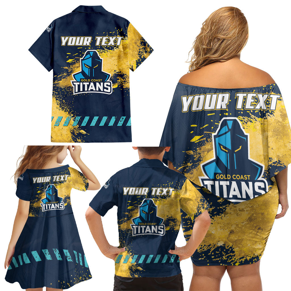 Personalised Gold Coast Titans Rugby Family Matching Off Shoulder Short Dress and Hawaiian Shirt Titans Mascot - Sporty Splash Art Style