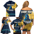 Personalised Gold Coast Titans Rugby Family Matching Off Shoulder Short Dress and Hawaiian Shirt Titans Mascot - Sporty Splash Art Style