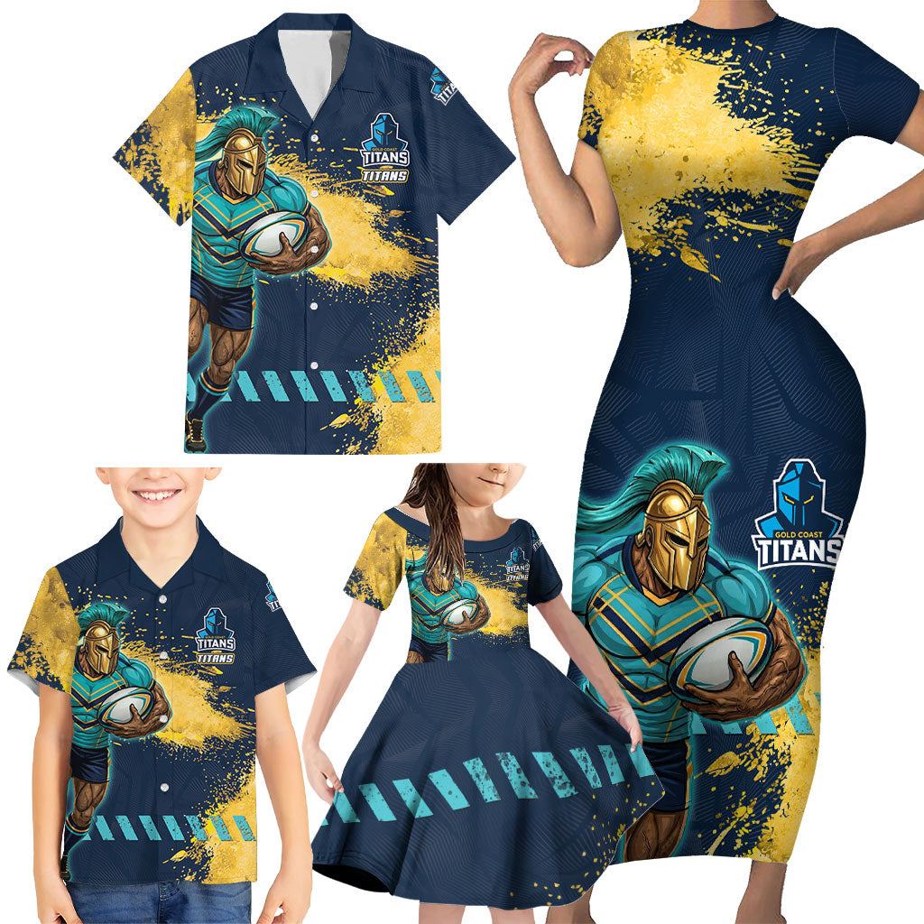 Personalised Gold Coast Titans Rugby Family Matching Short Sleeve Bodycon Dress and Hawaiian Shirt Titans Mascot - Sporty Splash Art Style