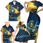 Personalised Gold Coast Titans Rugby Family Matching Short Sleeve Bodycon Dress and Hawaiian Shirt Titans Mascot - Sporty Splash Art Style