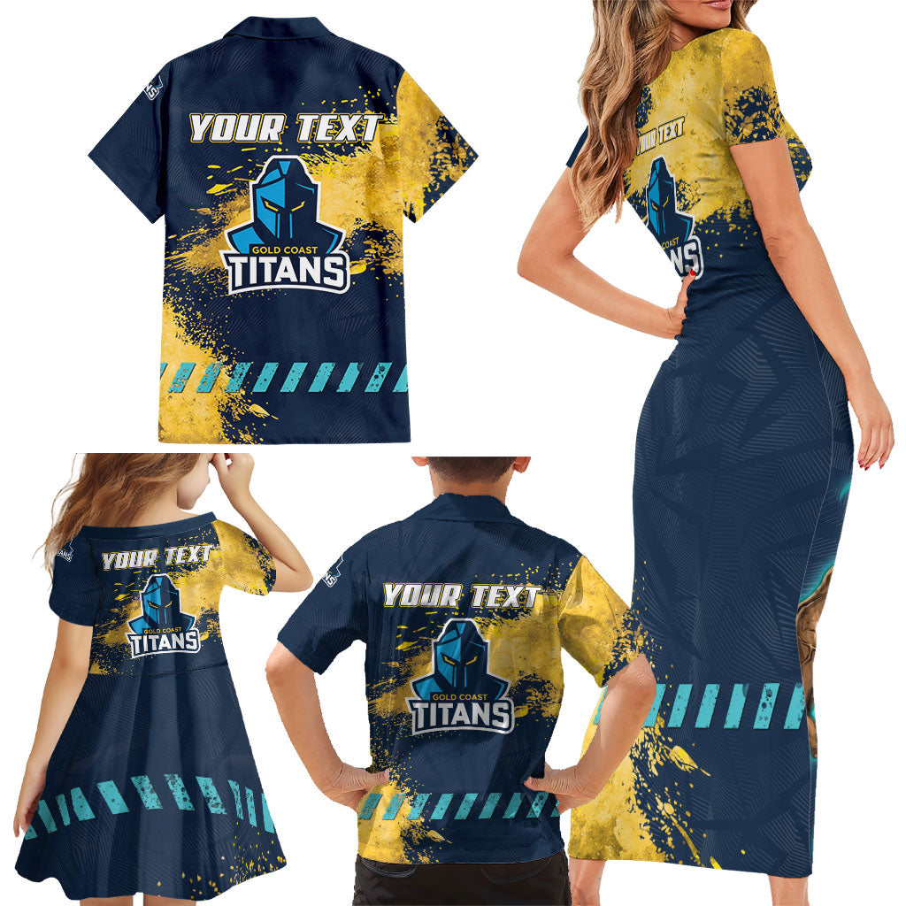 Personalised Gold Coast Titans Rugby Family Matching Short Sleeve Bodycon Dress and Hawaiian Shirt Titans Mascot - Sporty Splash Art Style