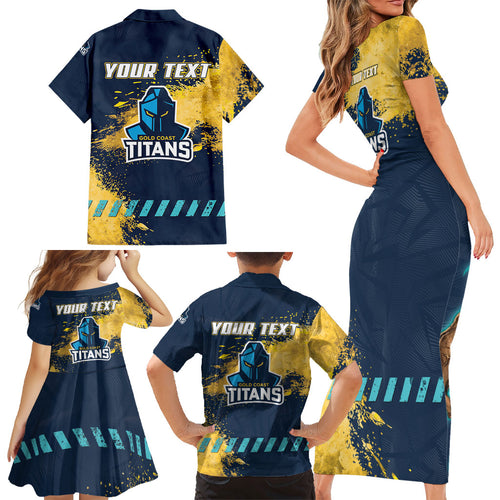 Personalised Gold Coast Titans Rugby Family Matching Short Sleeve Bodycon Dress and Hawaiian Shirt Titans Mascot - Sporty Splash Art Style