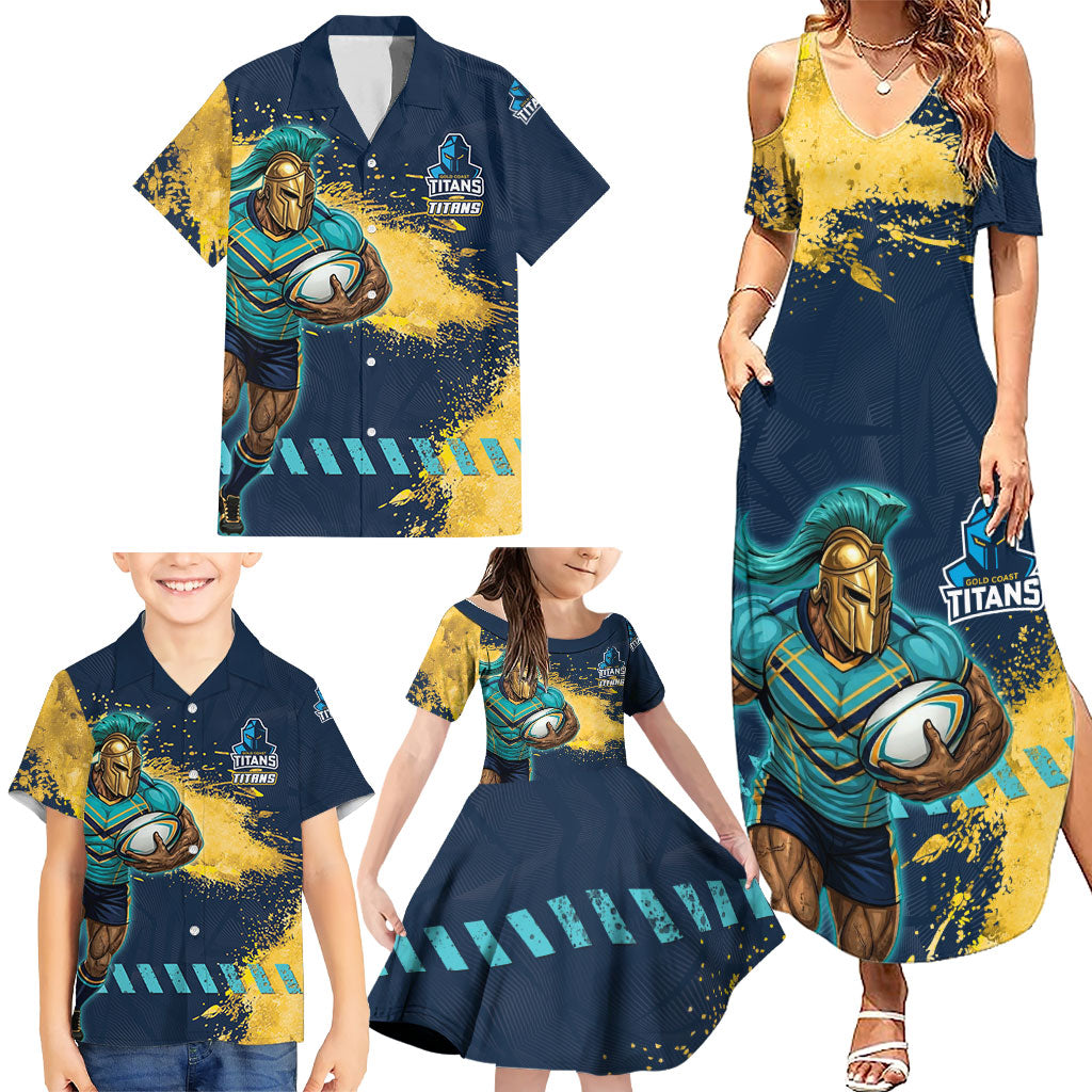 Personalised Gold Coast Titans Rugby Family Matching Summer Maxi Dress and Hawaiian Shirt Titans Mascot - Sporty Splash Art Style