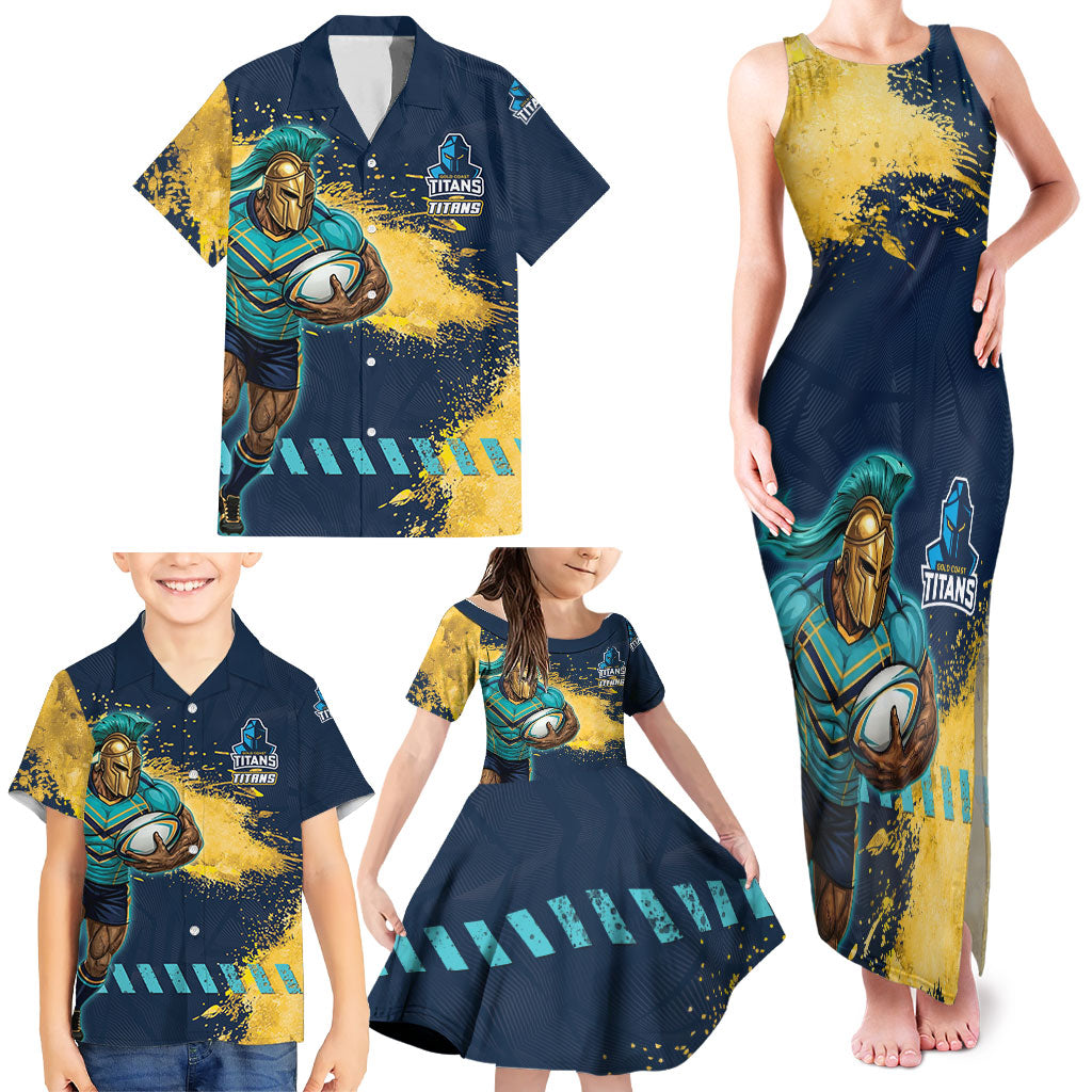 Personalised Gold Coast Titans Rugby Family Matching Tank Maxi Dress and Hawaiian Shirt Titans Mascot - Sporty Splash Art Style