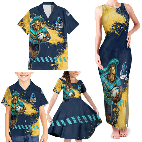 Personalised Gold Coast Titans Rugby Family Matching Tank Maxi Dress and Hawaiian Shirt Titans Mascot - Sporty Splash Art Style