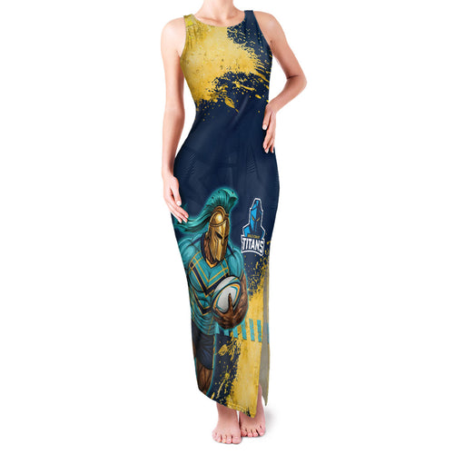 Personalised Gold Coast Titans Rugby Family Matching Tank Maxi Dress and Hawaiian Shirt Titans Mascot - Sporty Splash Art Style