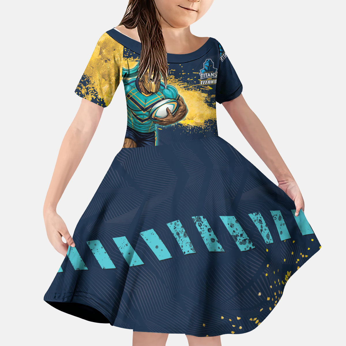 Personalised Gold Coast Titans Rugby Kid Short Sleeve Dress Titans Mascot - Sporty Splash Art Style
