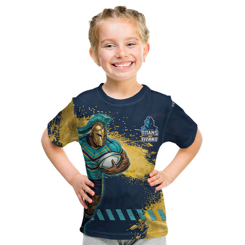 Personalised Gold Coast Titans Rugby Kid T Shirt Titans Mascot - Sporty Splash Art Style