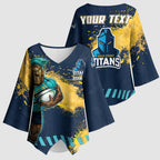 Personalised Gold Coast Titans Rugby Kimono Sleeve Blouse Titans Mascot - Sporty Splash Art Style