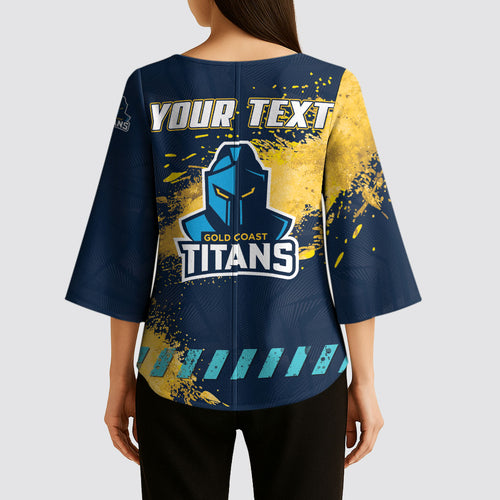 Personalised Gold Coast Titans Rugby Kimono Sleeve Blouse Titans Mascot - Sporty Splash Art Style