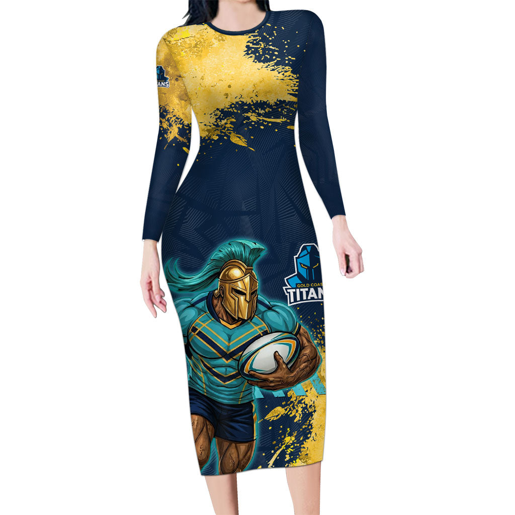 Personalised Gold Coast Titans Rugby Long Sleeve Bodycon Dress Titans Mascot - Sporty Splash Art Style
