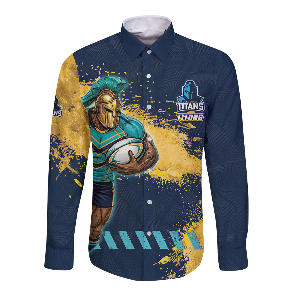 Personalised Gold Coast Titans Rugby Long Sleeve Button Shirt Titans Mascot - Sporty Splash Art Style