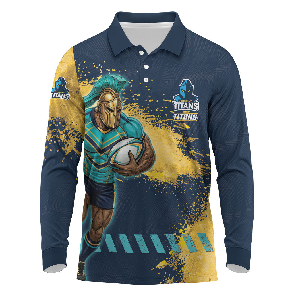 Personalised Gold Coast Titans Rugby Long Sleeve Polo Shirt Titans Mascot - Sporty Splash Art Style