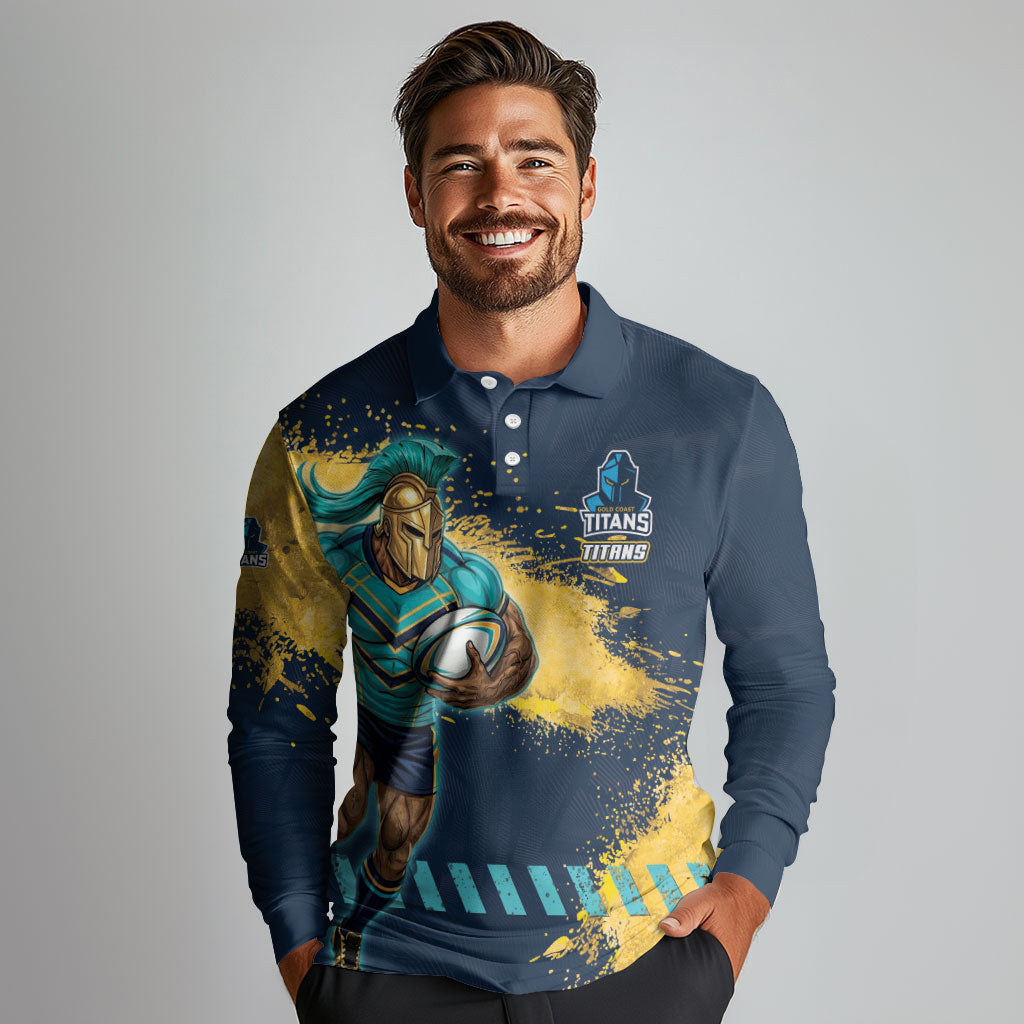 Personalised Gold Coast Titans Rugby Long Sleeve Polo Shirt Titans Mascot - Sporty Splash Art Style