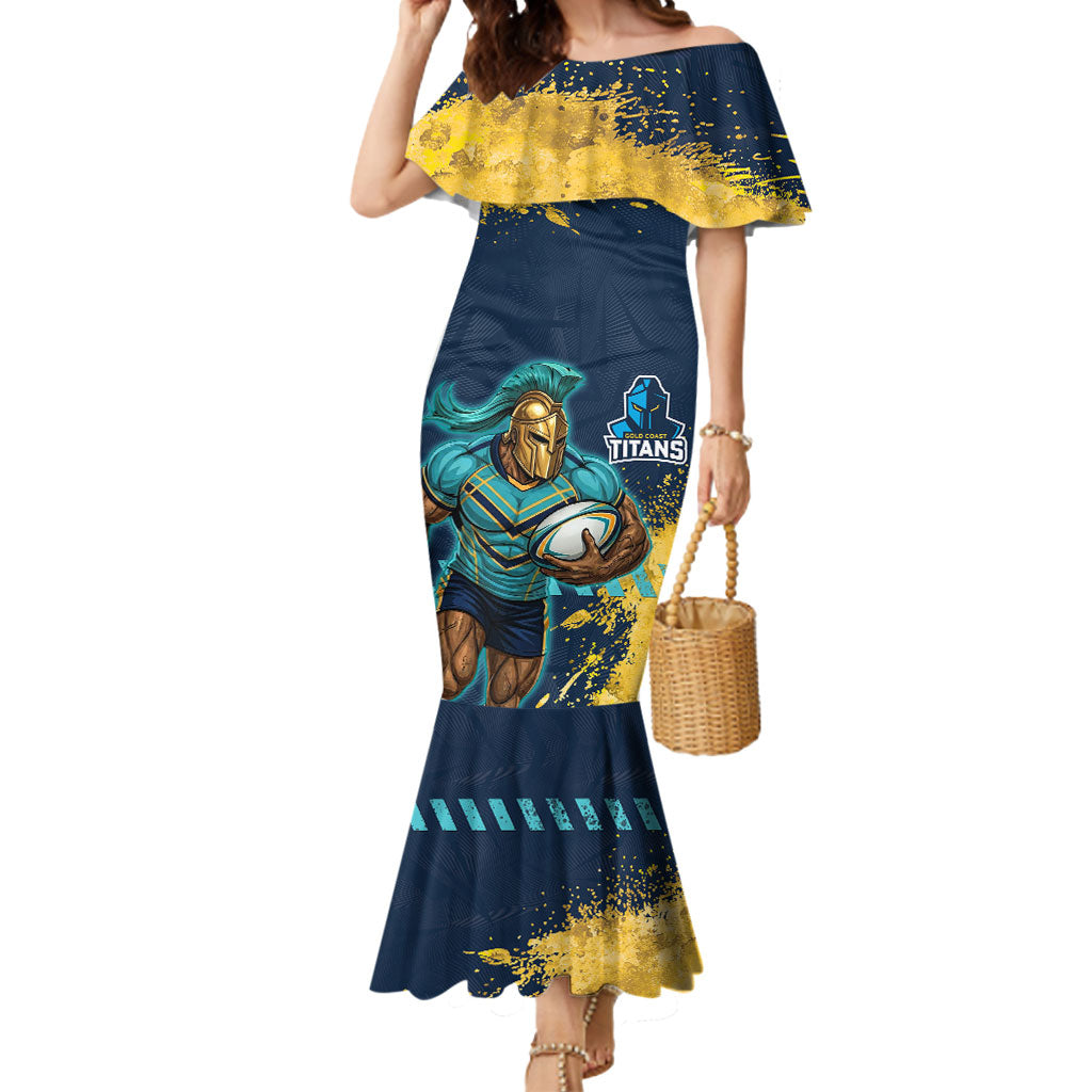 Personalised Gold Coast Titans Rugby Mermaid Dress Titans Mascot - Sporty Splash Art Style