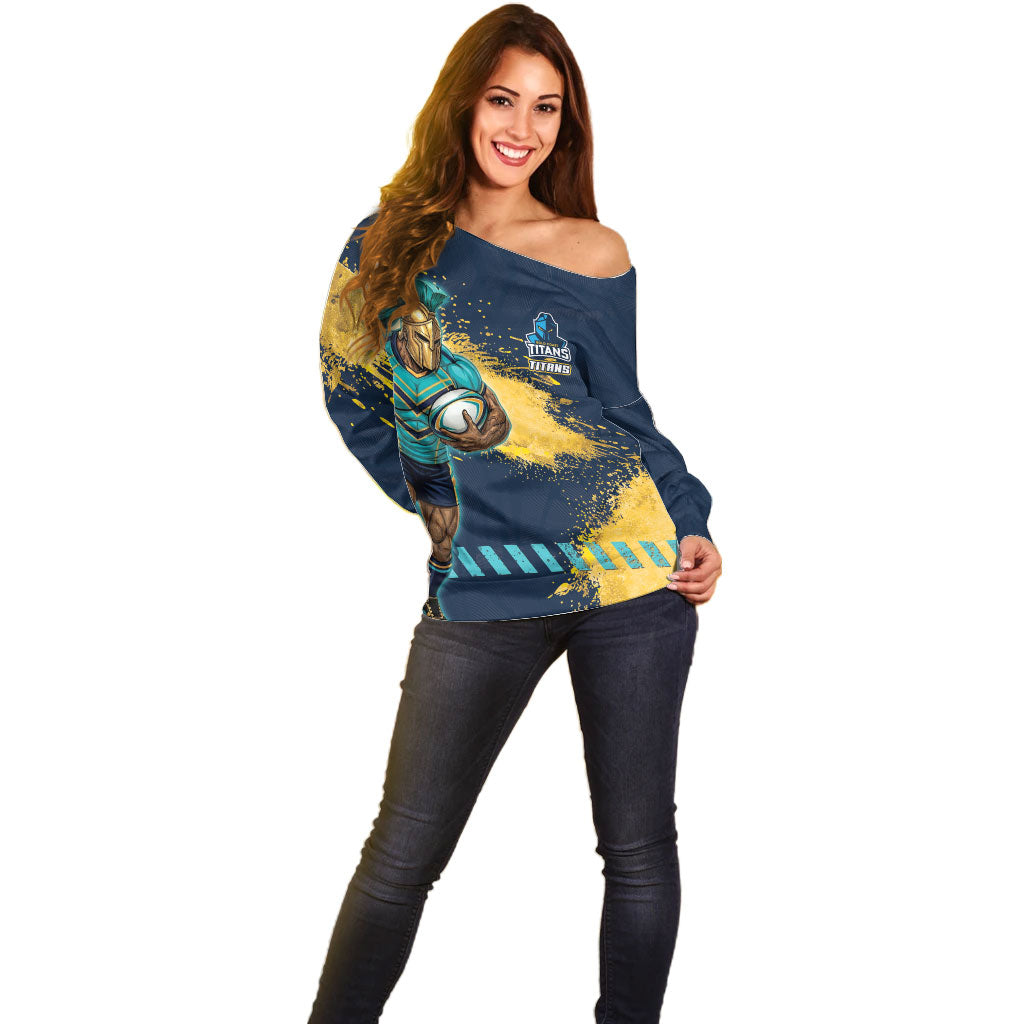 Personalised Gold Coast Titans Rugby Off Shoulder Sweater Titans Mascot - Sporty Splash Art Style