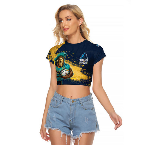 Personalised Gold Coast Titans Rugby Raglan Cropped T Shirt Titans Mascot - Sporty Splash Art Style