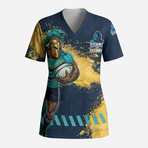 Personalised Gold Coast Titans Rugby Scrub Top Titans Mascot - Sporty Splash Art Style