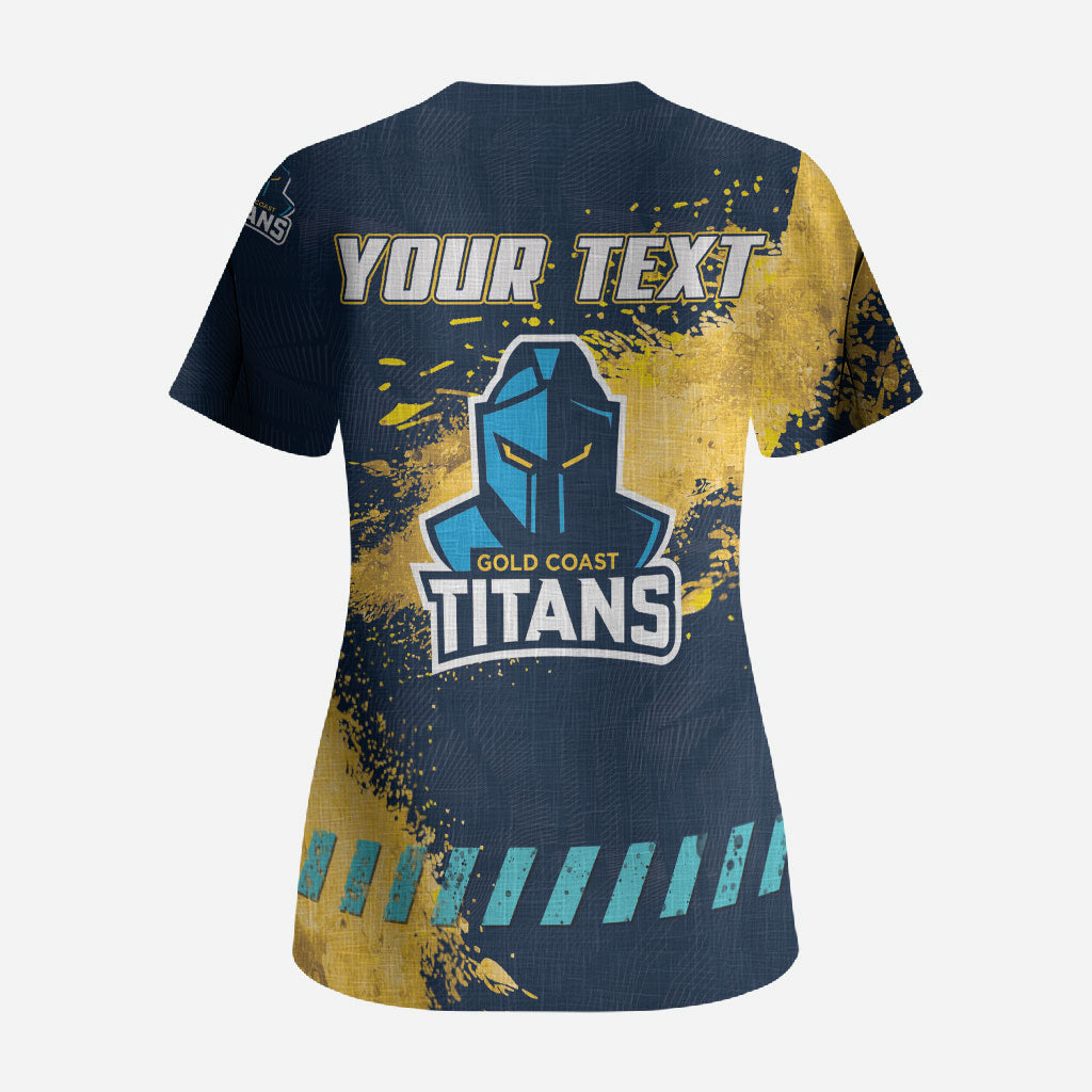 Personalised Gold Coast Titans Rugby Scrub Top Titans Mascot - Sporty Splash Art Style