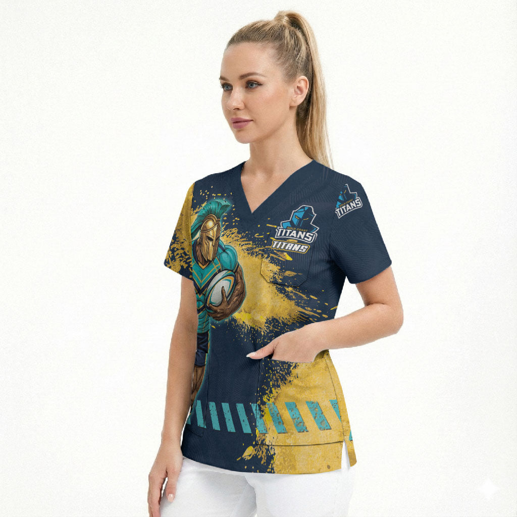 Personalised Gold Coast Titans Rugby Scrub Top Titans Mascot - Sporty Splash Art Style