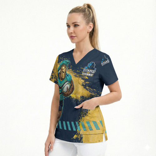 Personalised Gold Coast Titans Rugby Scrub Top Titans Mascot - Sporty Splash Art Style