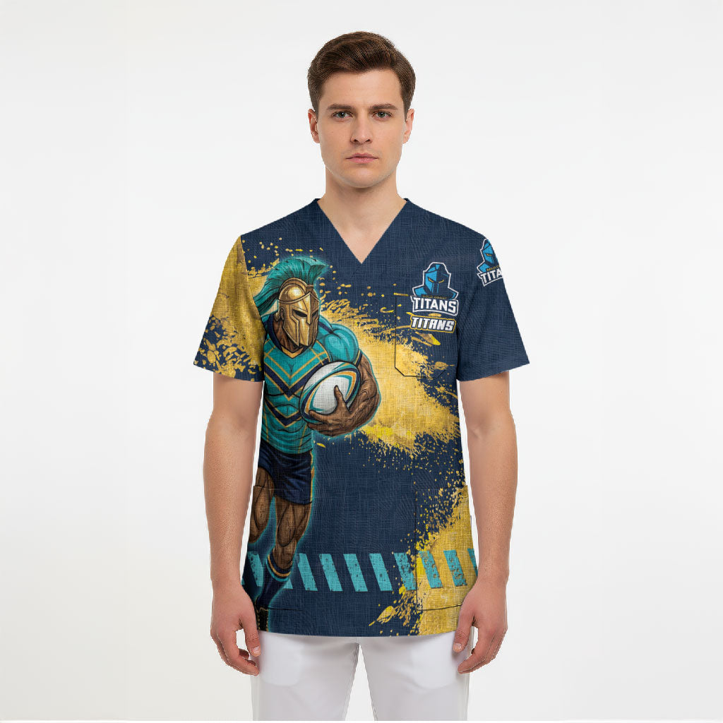 Personalised Gold Coast Titans Rugby Scrub Top Titans Mascot - Sporty Splash Art Style