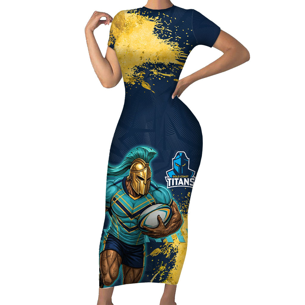 Personalised Gold Coast Titans Rugby Short Sleeve Bodycon Dress Titans Mascot - Sporty Splash Art Style