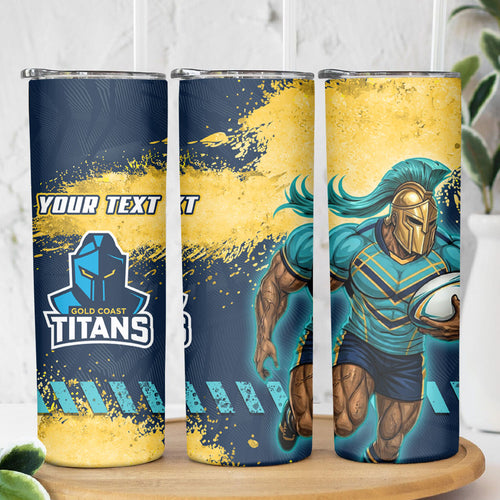 Personalised Gold Coast Titans Rugby Skinny Tumbler Titans Mascot - Sporty Splash Art Style