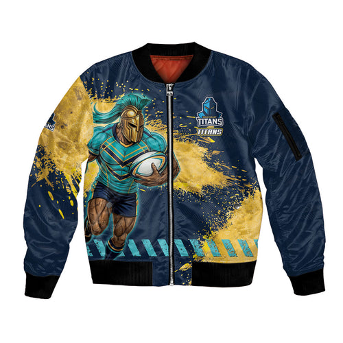 Personalised Gold Coast Titans Rugby Sleeve Zip Bomber Jacket Titans Mascot - Sporty Splash Art Style