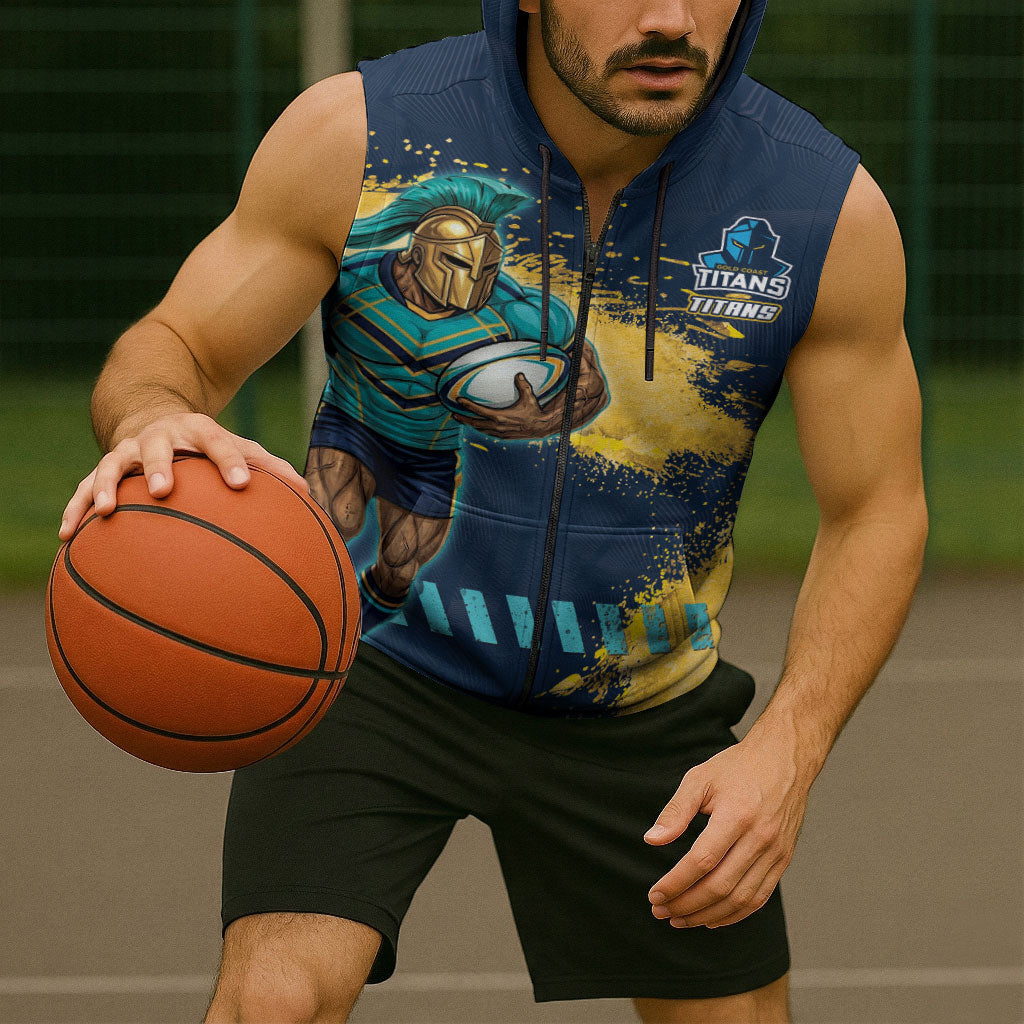 Personalised Gold Coast Titans Rugby Sleeveless Zip Hoodie Titans Mascot - Sporty Splash Art Style