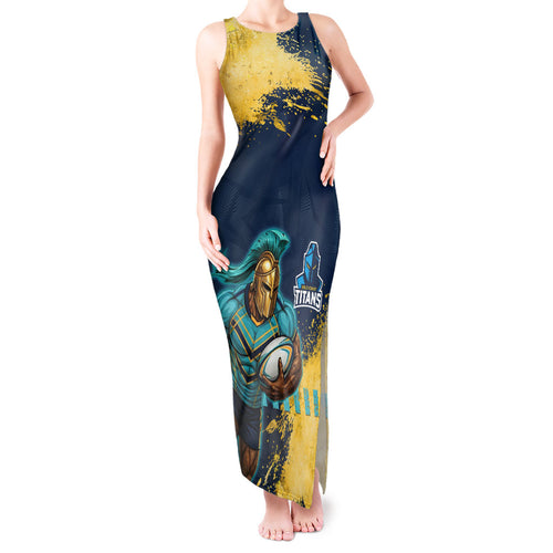 Personalised Gold Coast Titans Rugby Tank Maxi Dress Titans Mascot - Sporty Splash Art Style