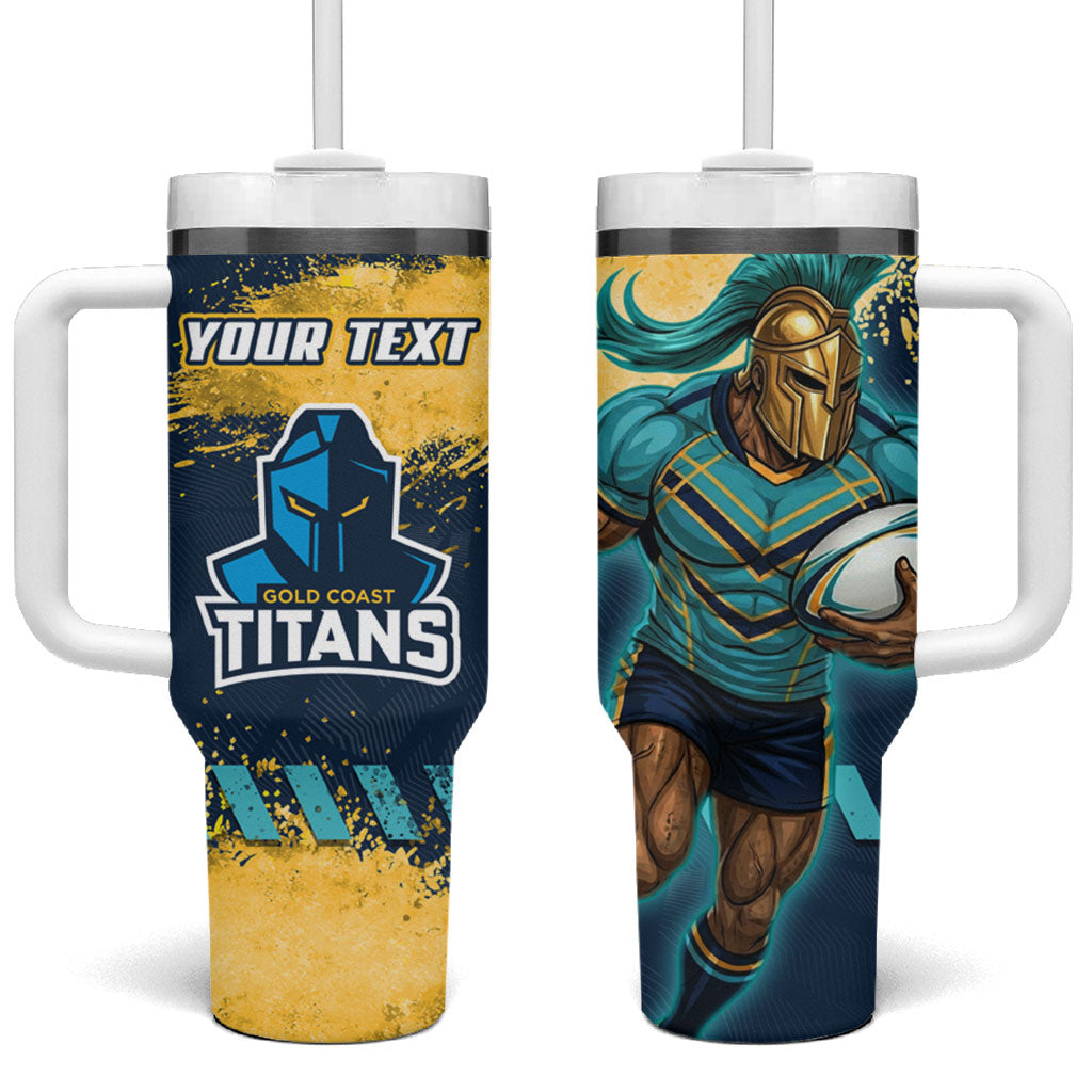 Personalised Gold Coast Titans Rugby Tumbler With Handle Titans Mascot - Sporty Splash Art Style