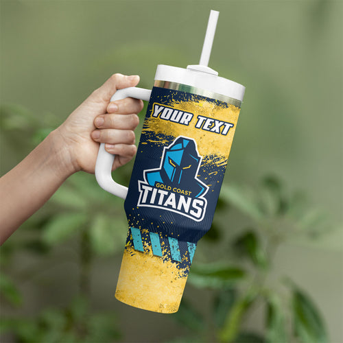 Personalised Gold Coast Titans Rugby Tumbler With Handle Titans Mascot - Sporty Splash Art Style